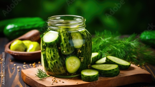 Salted, pickled cucumbers in a jar on a wooden table in the garden. Cucumbers, herbs, dill, garlic. Preservation, conservation. Background, copy space. Sunny bright day.