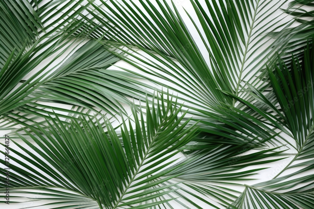 This close-up photo captures the intricate pattern and vibrant green color of palm tree leaves.
