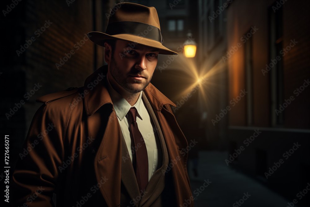 Detective wearing trench coat and fedora hat. Generative AI