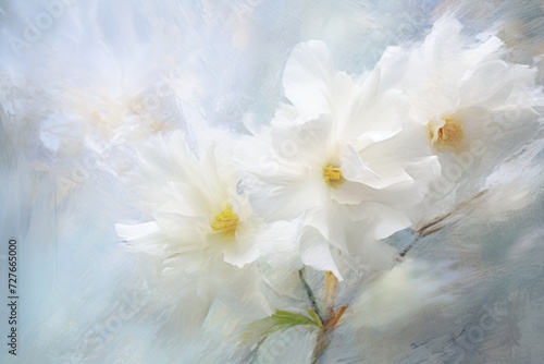 This photograph showcases a painting of white flowers set against a vibrant blue background.