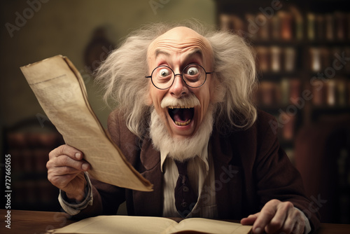 Funny old professor expressing excitement showing paper sheets. Generative AI