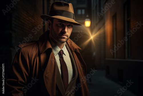 Detective wearing trench coat and fedora hat. Generative AI