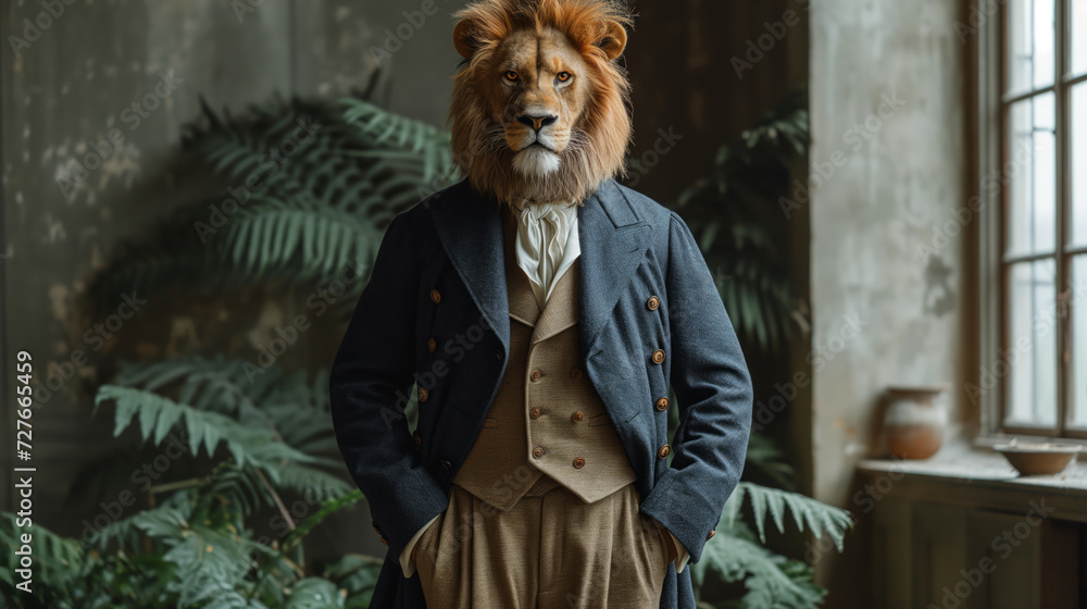 sophisticated lion wearing old elegant suit inside the house
