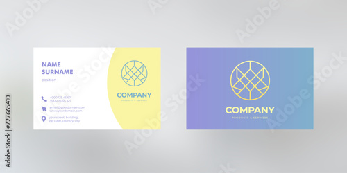 Vector business card design with color background and geometrical logo, visiting card template, cutaway mockup, calling card ready for printing, identification card with icons for contact information
