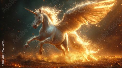 white unicorn with burning wings flying above