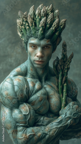 muscular asparagus man with head as asparagus bunch
