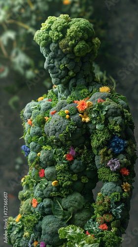 strong muscular green broccoli man surrounded by vegetables and flowers