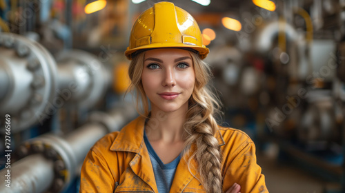 beautiful blonde engineer woman with yellow helmet working