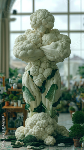 cauliflower man with strong muscular arms encouraging people