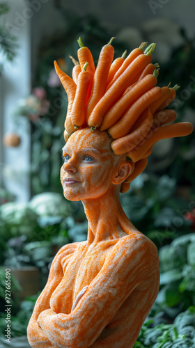 carrot woman in orange costume folding arms and looking up