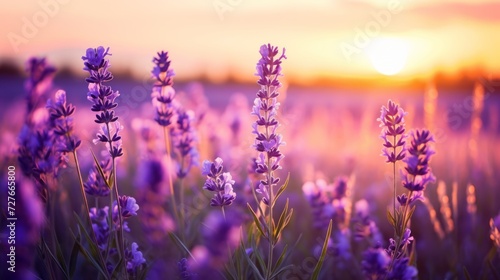 Close-up of a beautiful lavender field with blooming fragrant flowers at sunrise. Purple natural background with copy space.