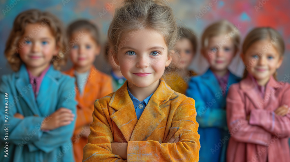adorable blonde girl in orange jacket leading her team with arms crossed
