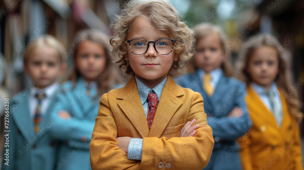confident little blonde boy with curly hair and glasses being a manager confident little blonde boy with curly hair and glasses being a manager