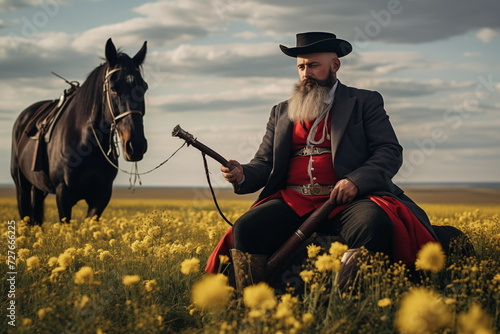 Ukrainian cossack lifestyle, man in national costume. Generative AI photo