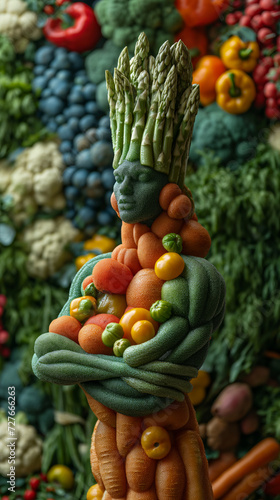 muscular asparagus king being surrounded by vegetables and fruits