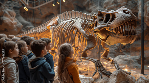 adorable children in school trip admiring dinosaur skeleton © Viorel Sima
