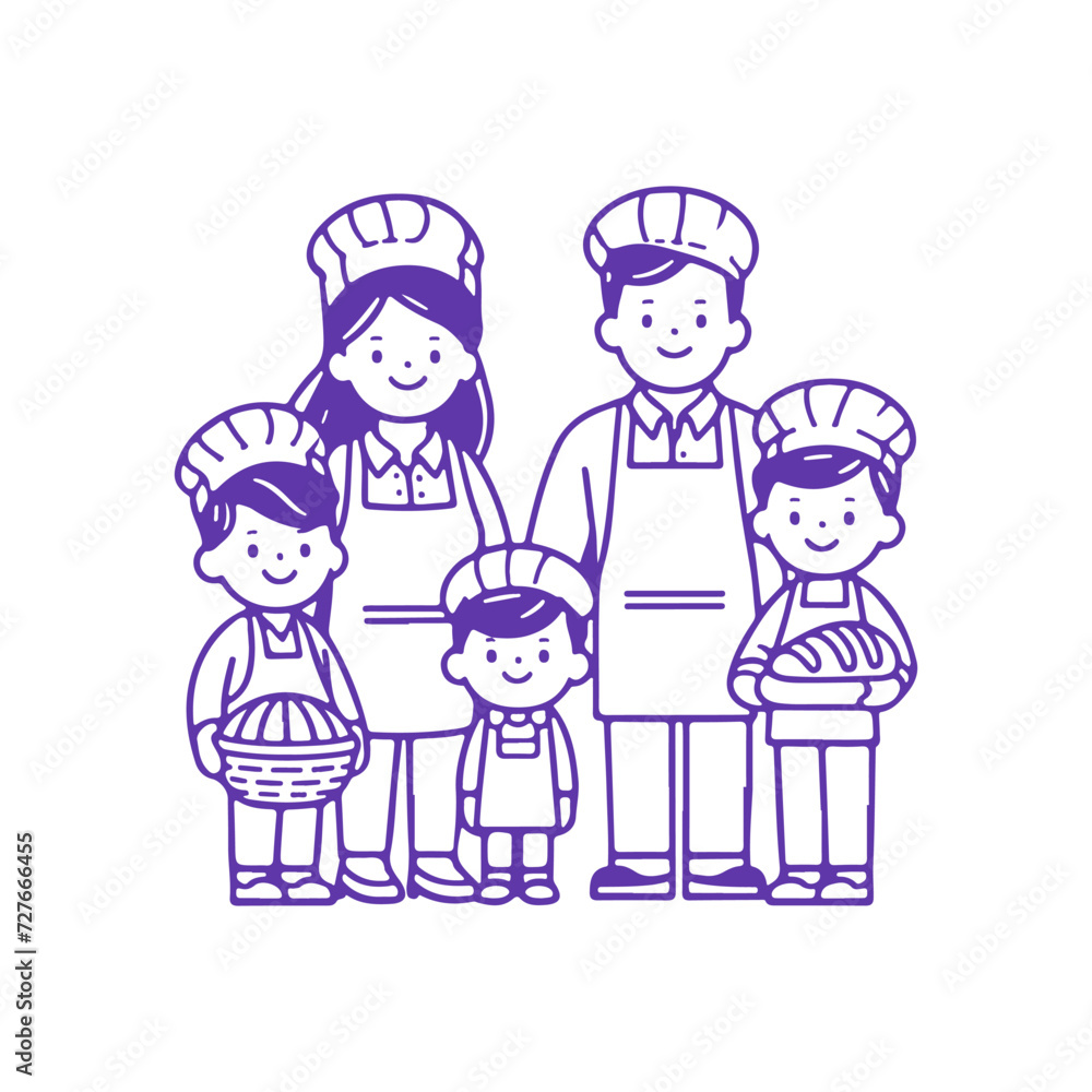 Cute Cheerful Family of Bakers, Five Members. Vector Monochrome Illustration on White Background. Cute Cheerful Family of Bakers, Five Members. Vector Monochrome Illustration on White Background.
