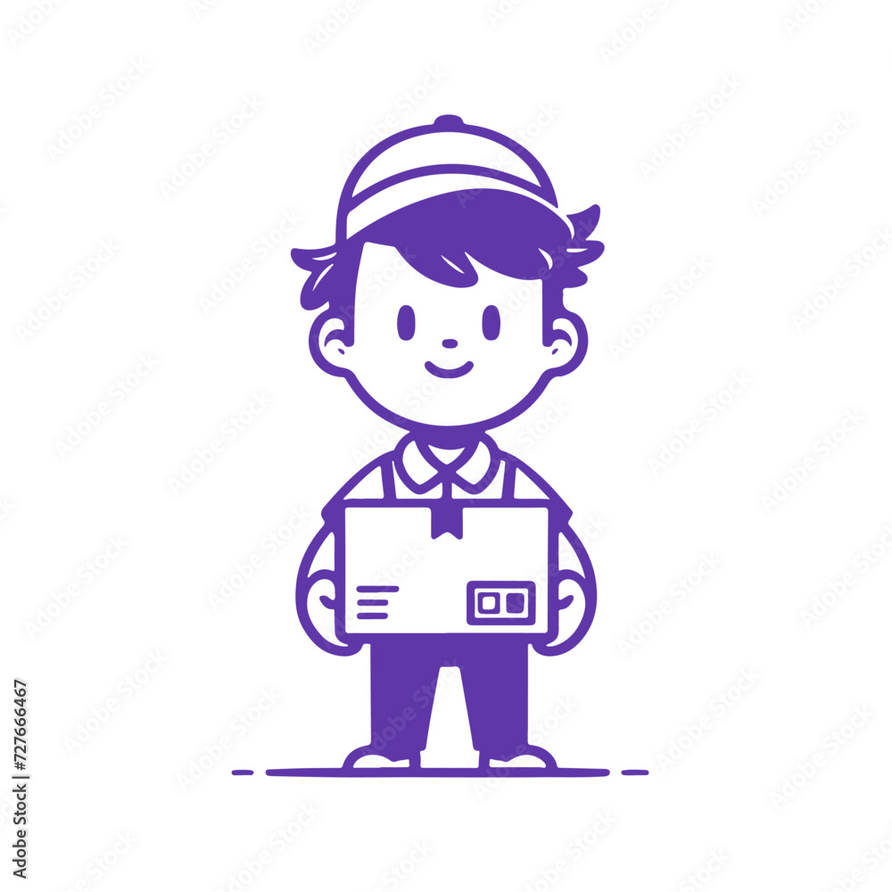 Cute Deliveryman Standing with a Parcel. Vector Monochrome Illustration on White Background.
