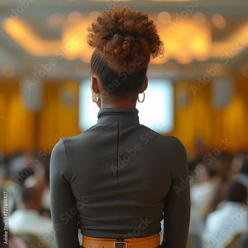 Back of a young african american woman public speaking