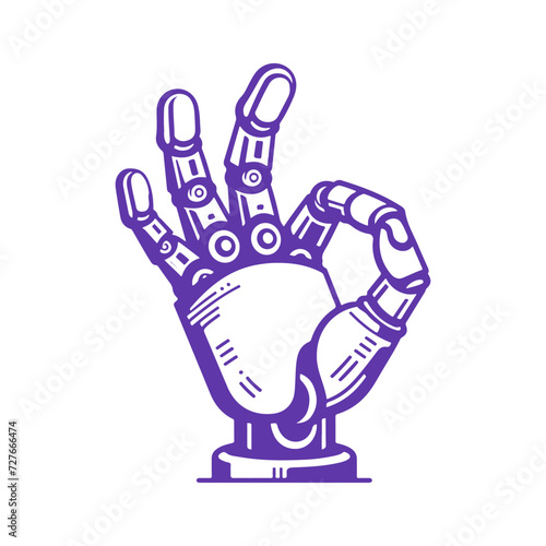 Robot Hand Showing Okay Gesture. Vector Monochrome Illustration on White Background.