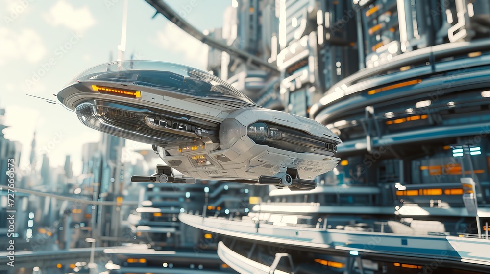 Futuristic Spaceship Hovering Over Advanced Sci-Fi City with Skyscrapers and Bright Sky Futuristic Spaceship Hovering Over Advanced Sci-Fi City with Skyscrapers and Bright Sky