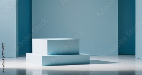 light blue podium stage, minimal abstract background.