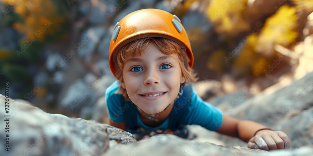 Portrait of a little boy in a helmet on a rock. Portrait of a little boy in a helmet on a rock.