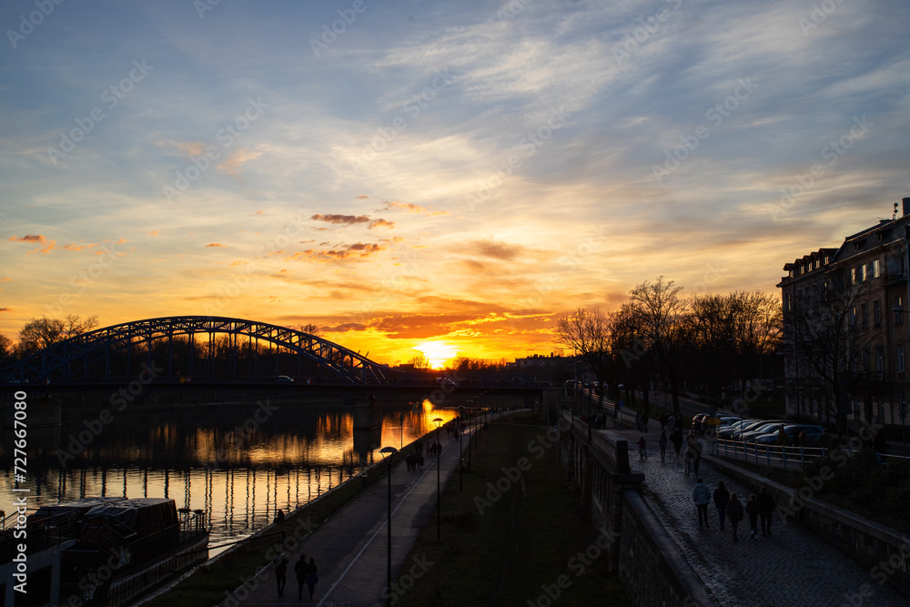 Obraz premium View of the Vistula River, air balloon, at a beautiful sunset. Sights of Krakow.