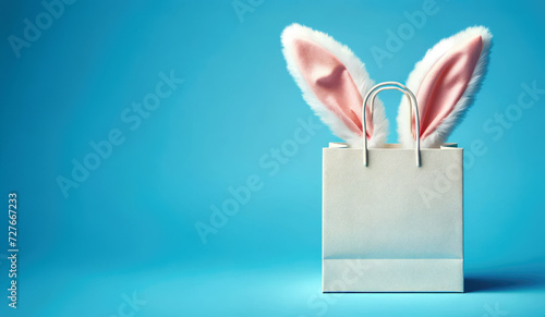 Easter shopping bag with bunny ears, eggs on blue background with copy space photo