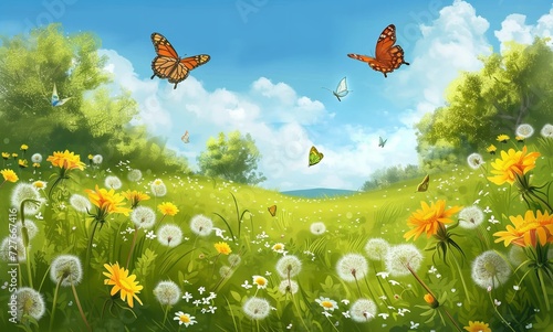 Spring Landscape with Butterflies Meadow - Nature s Dance  