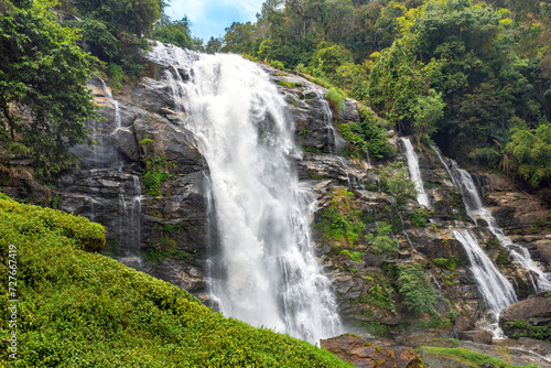 The Wachirathan waterfall is located in Doi Inthanon National Park. The mountain stream Klang flows from Doi Inthanon  the highest mountain in Thailand  over several waterfalls down into the valley