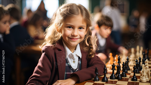 Young Minds in Battle: Kids Chess Competition. Brainy Board Games: Kids Chess Tournament Excitement photo