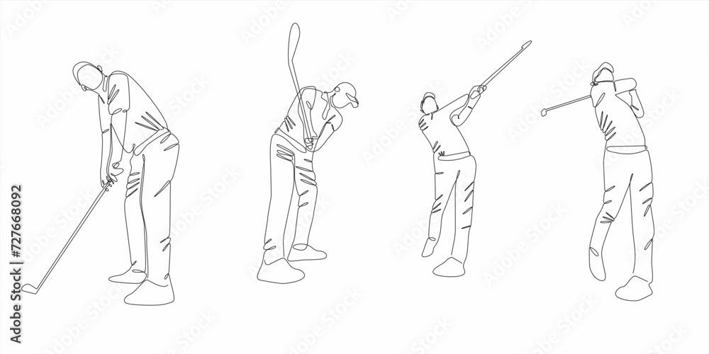 Continuous line drawing of young man playing golf. Single line concept art of professional golfer holding a stick to hit the ball. Vector illustration