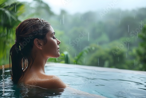 Discover paradise as a woman delights in the refreshing tropical rain cascading down while immersed in an infinity pool with a backdrop of lush jungle vistas.