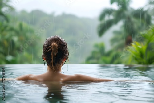 Experience bliss as a woman revels in the warm tropical rain while swimming in an infinity pool overlooking lush jungle scenery.