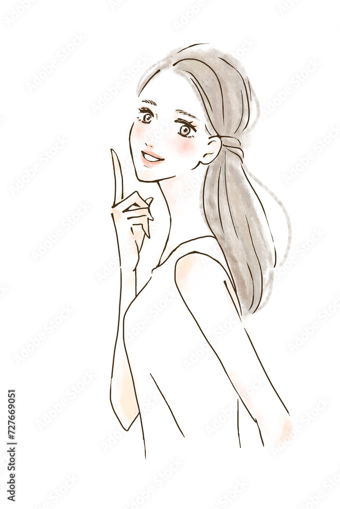 ポイントを指差す笑顔の女性のイラスト 水彩風