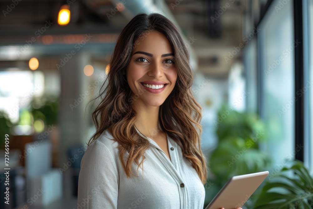 A female employee using a tablet computer. Generative Ai. A female employee using a tablet computer. Generative Ai.