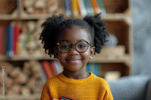 Black girl at school, grinning, wearing glasses. Generative Ai.