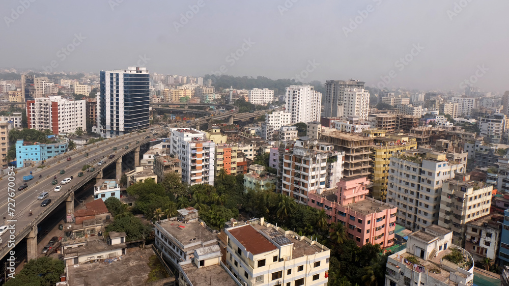 Naklejka premium A beautiful sunny view of chittagong city. Top view of chittagong or chattogram city,Bangladesh .skyline of chattogram city.