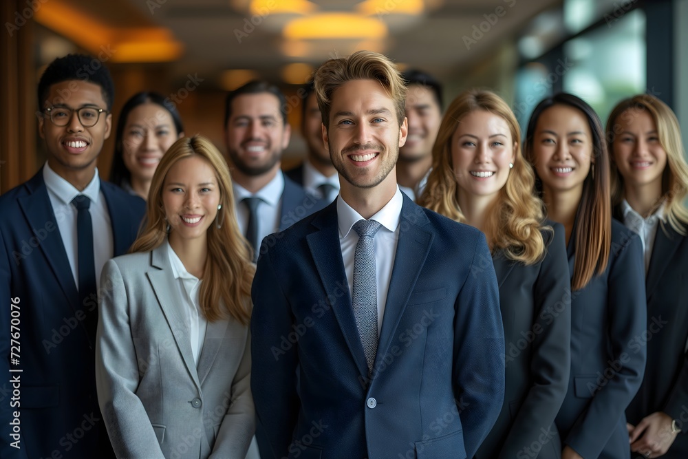 A diverse group of business professionals smiling and looking at the camera, showcasing teamwork and unity in the corporate world. A diverse group of business professionals smiling and looking at the camera, showcasing teamwork and unity in the corporate world.