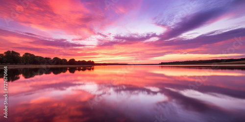 Panoramic view of a vibrant sunset over a tranquil lake