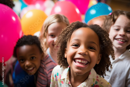A smiling children playing joyfully at a party, with balloons in the background. Shallow depth of field