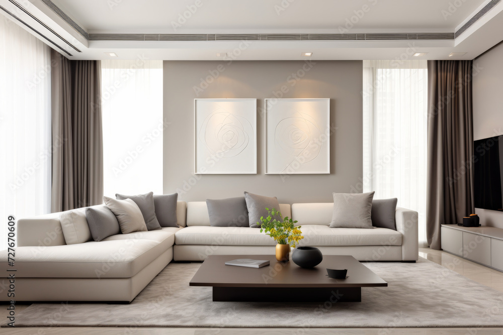 Fototapeta premium Interior of a bright living room in modern minimalist style with a two paintings on a white wall, sofa and coffee table