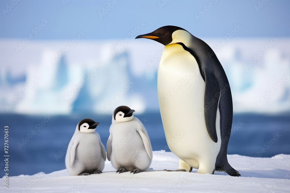 Emperor penguin with chicks on the background of snowy Antarctic landscape in blur