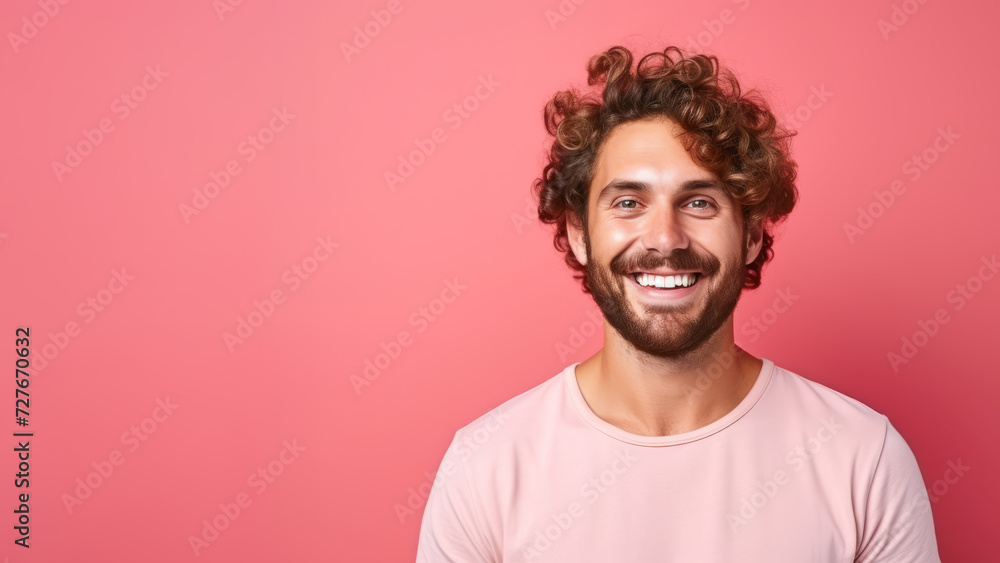 A happy smiling man with beard, on a coral background with copy space A happy smiling man with beard, on a coral background with copy space