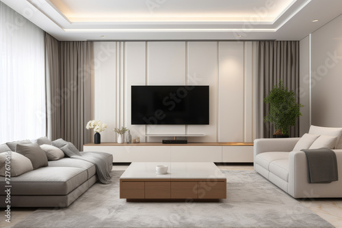 Interior of a living room in modern minimalist style with large TV set on a white wall, sofas and coffee table