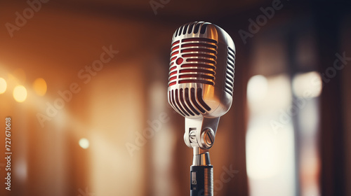 A classic musical microphone on blur colorful background, studio microphone, Microphone For Live Karaoke And Concert - Retro Mic With Abstract Background, 