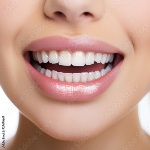 An extremely close-up bright smile of a woman with perfect teeth for advertisement, on a white background