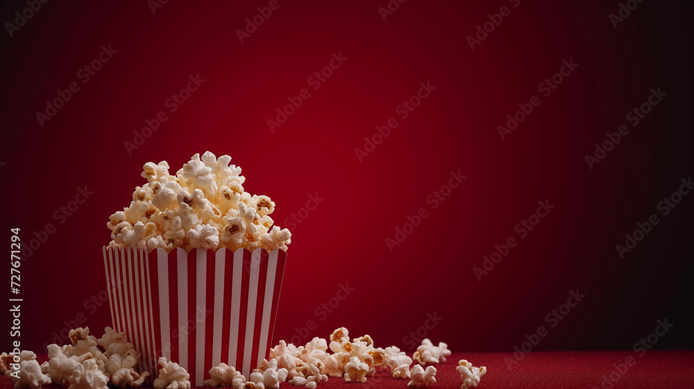 Popcorn in striped box on red background. Copy space for text.