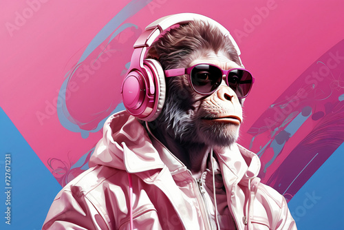 illustration of a monkey wearing a headset on his head in a pink style © IOLA
